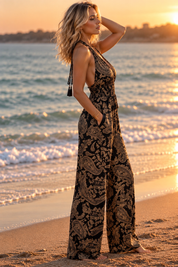 Golden Muse Silk Jumpsuit & Kimono Set – Black & Gold