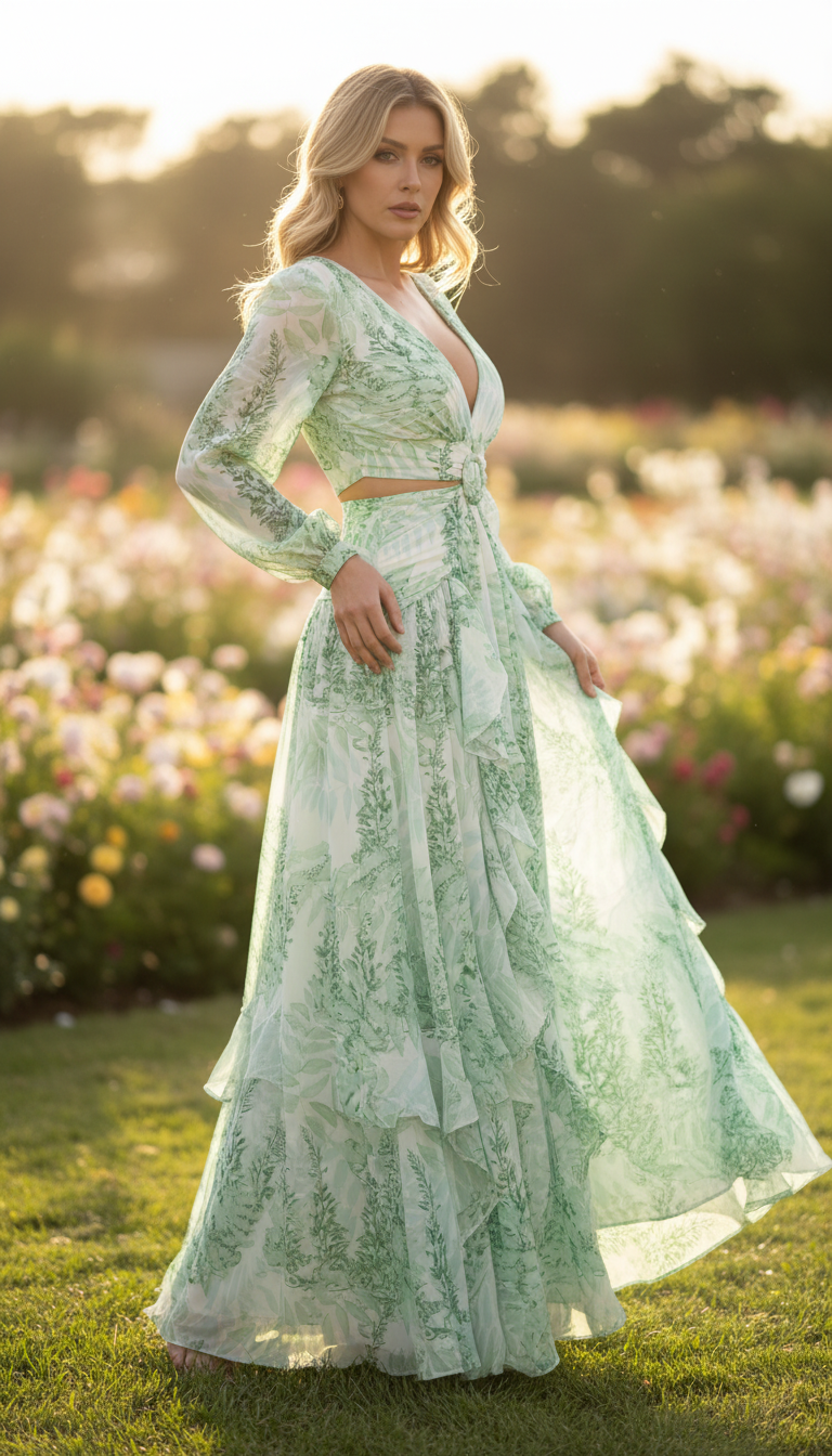 Robe longue romantique en soie bleue