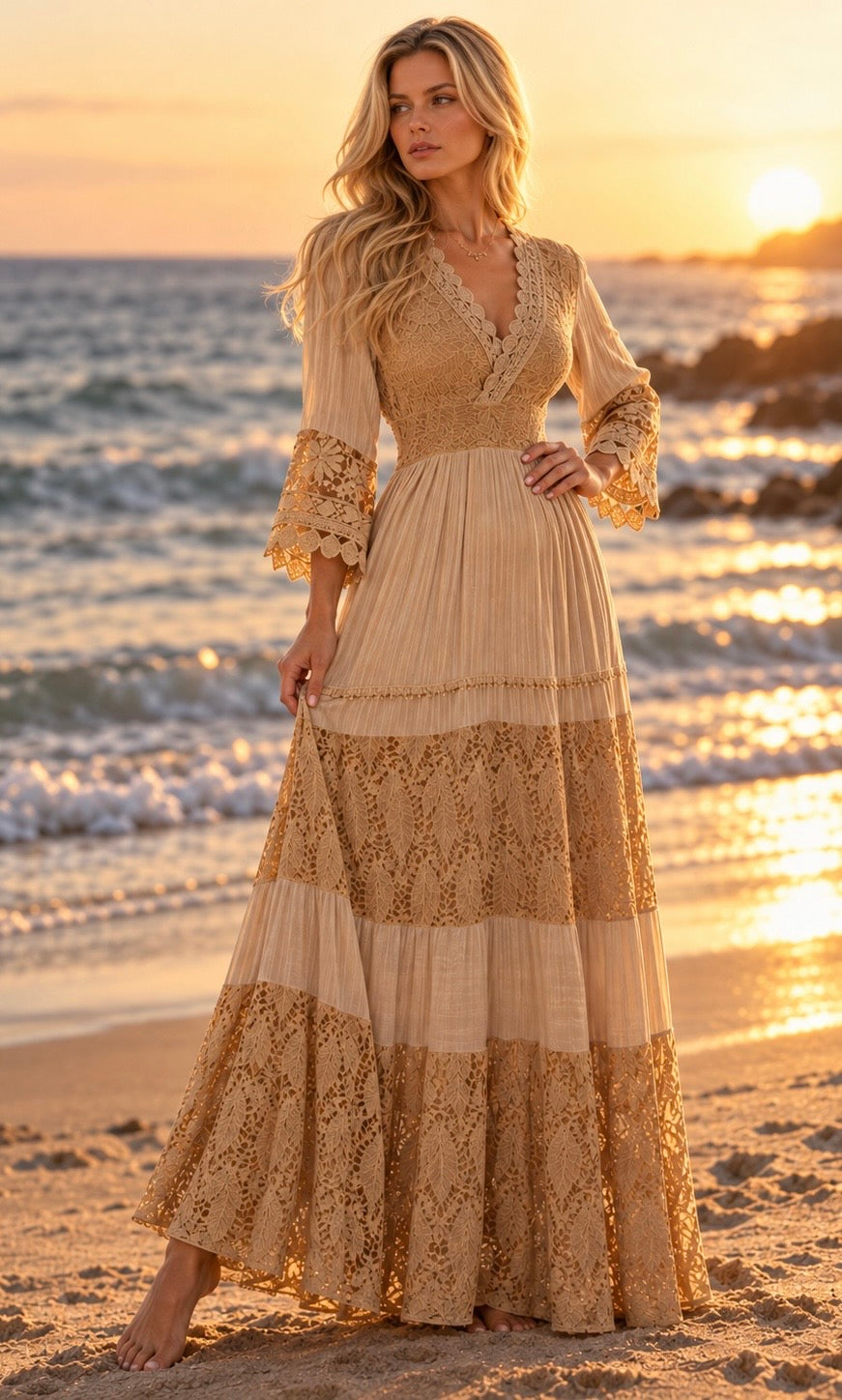 Pure Boho Dark Beige Lace Dress