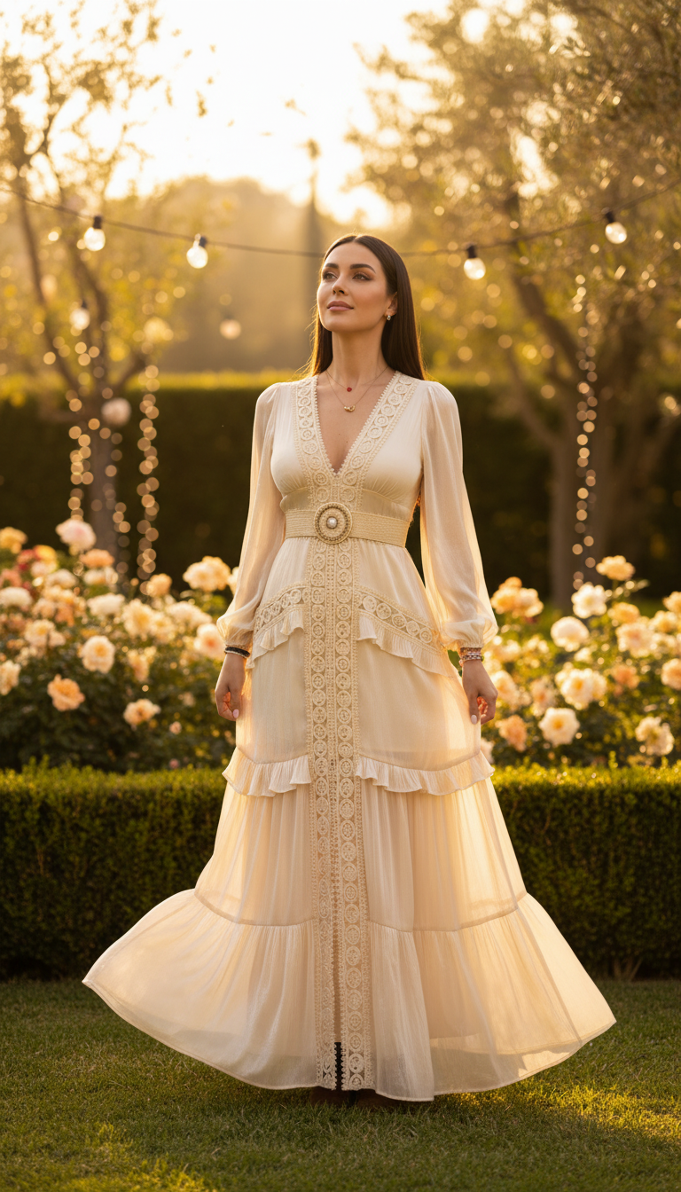 Langes Boho-Kleid aus Naturseide und Bio-Baumwolle mit floraler Spitze