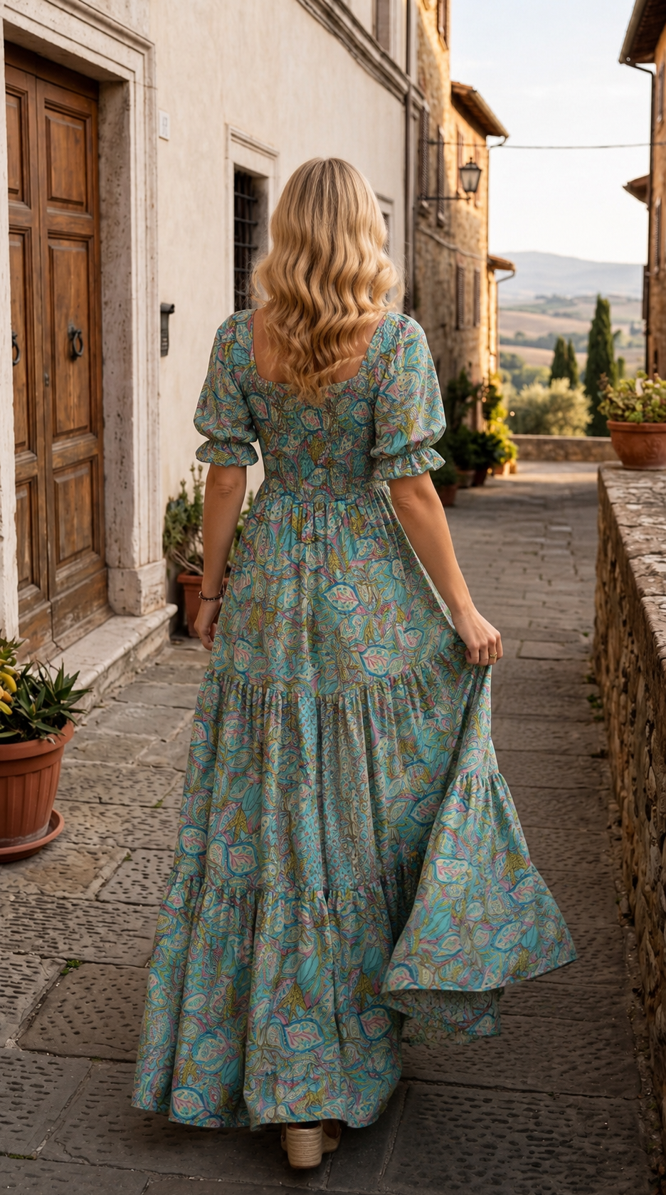 Robe en soie bleue smockée