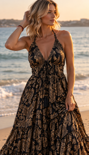 Golden Muse Silk Maxi Dress – Black & Gold