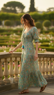 Robe en soie bleue smockée