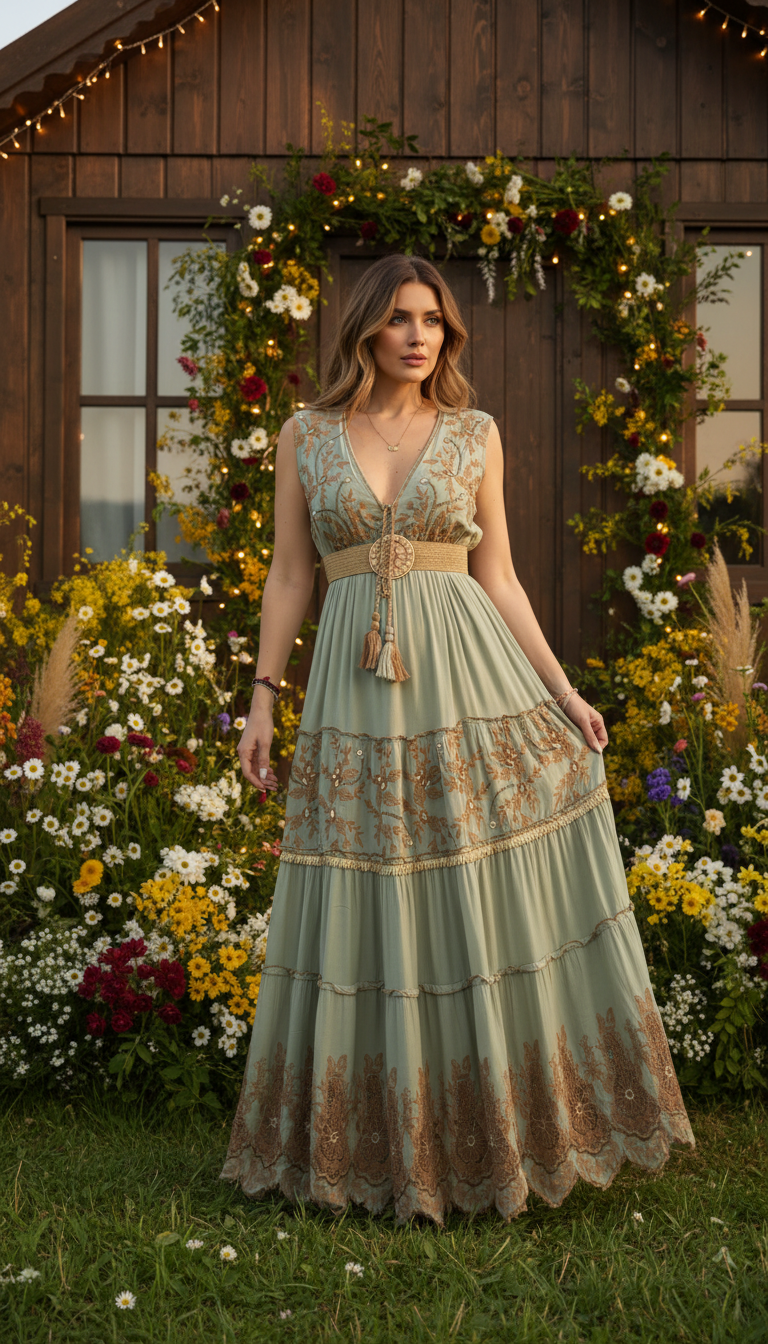 Robe longue verte Golden Garden