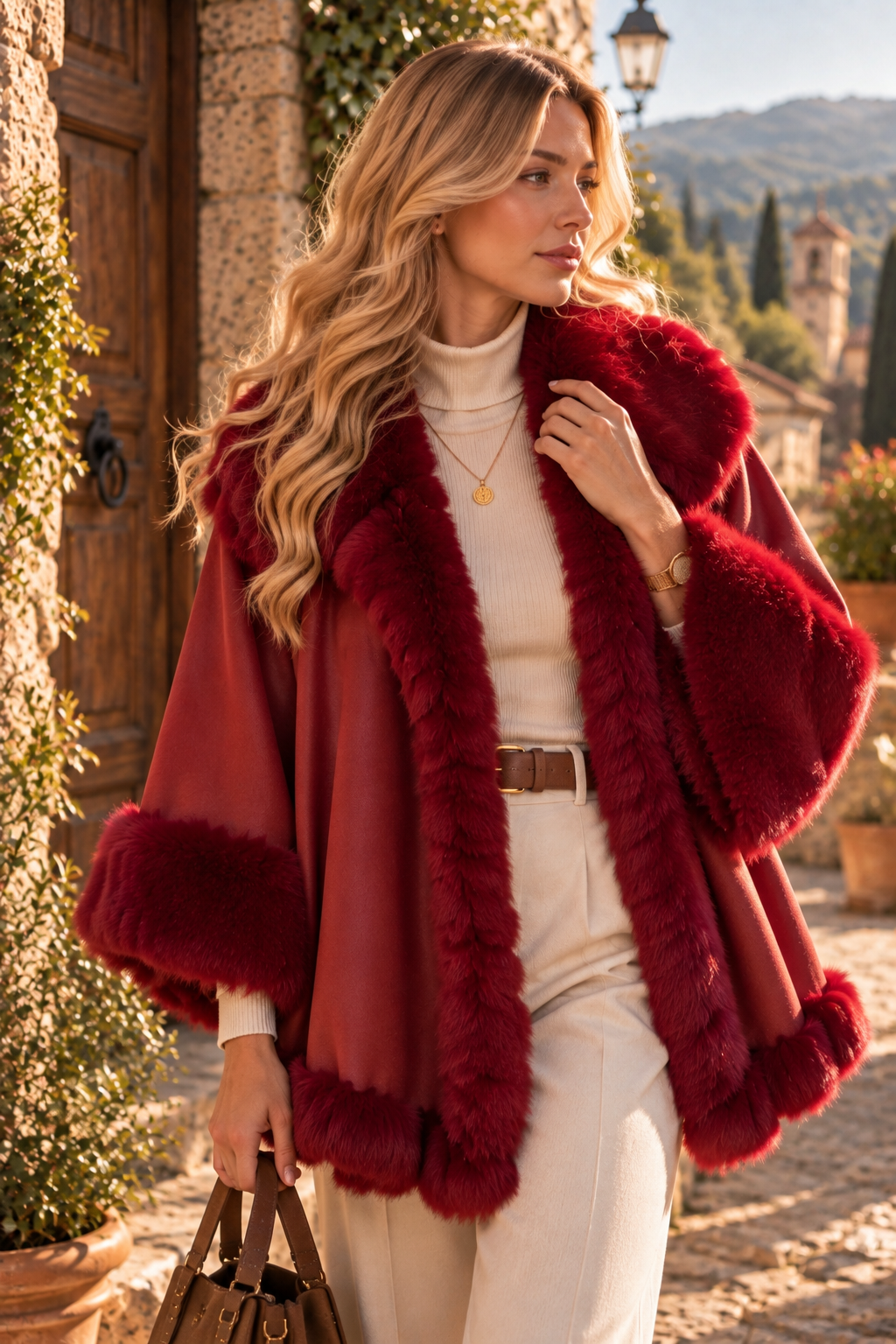 Siena Burgundy Faux Fur Cape