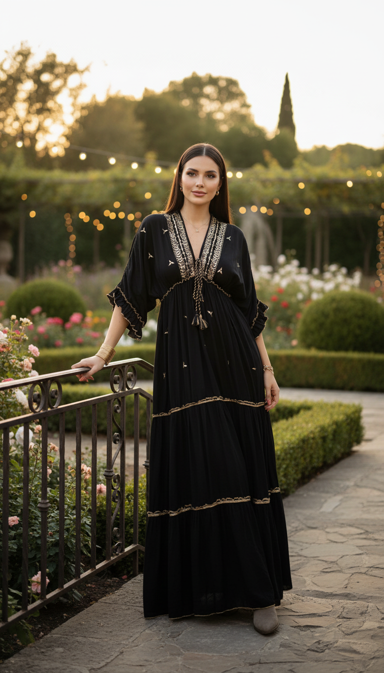 Black Aurora – Hand-Embroidered Boho Maxi Dress