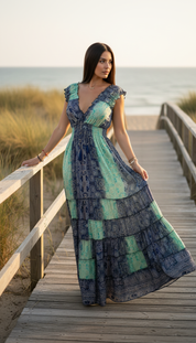 Amara Blue/Green Silk Maxi Dress