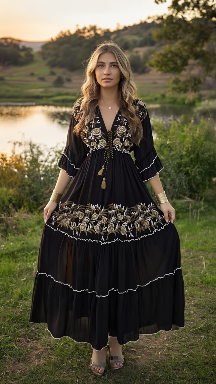 Black Boho Maxi Dress with Golden Embroidery
