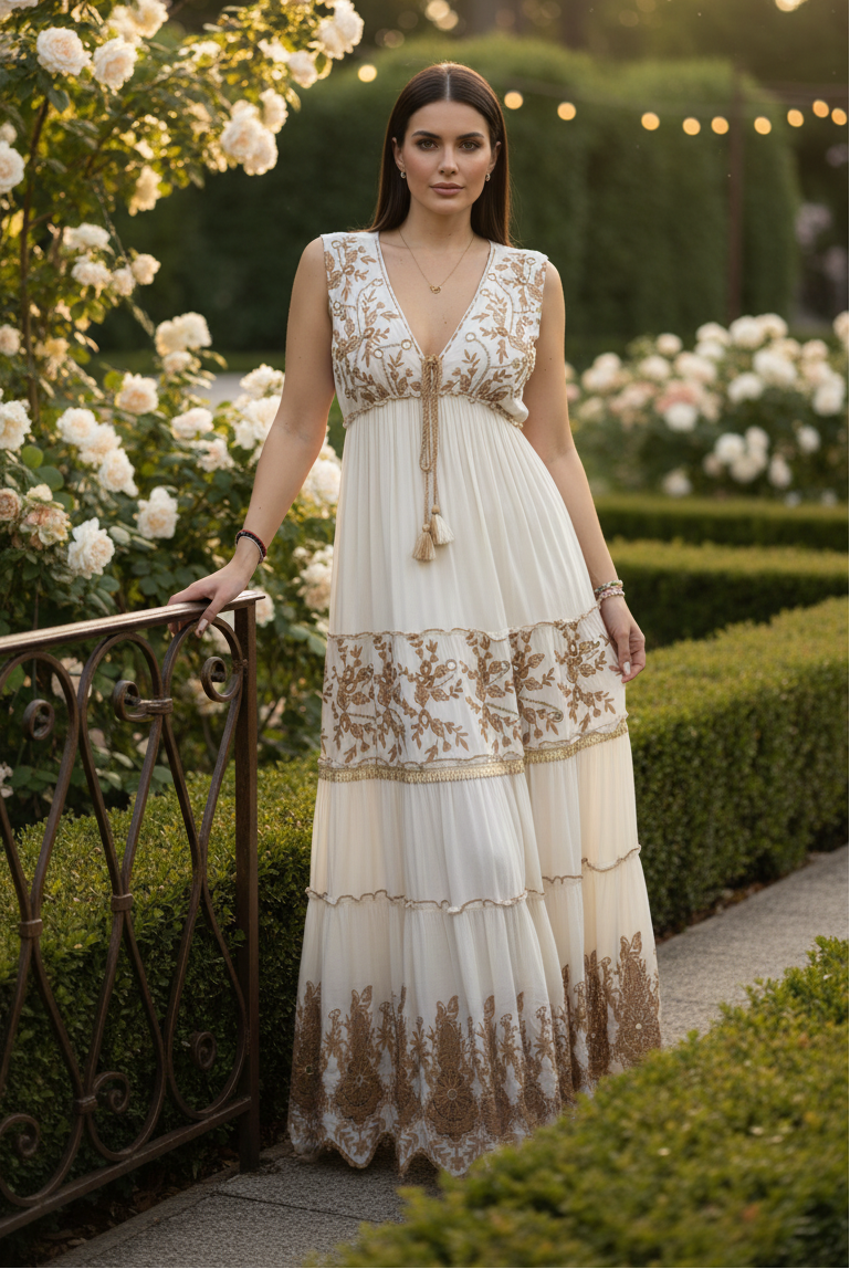 Robe longue blanche Golden Garden