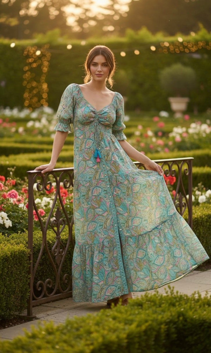 Robe en soie bleue smockée