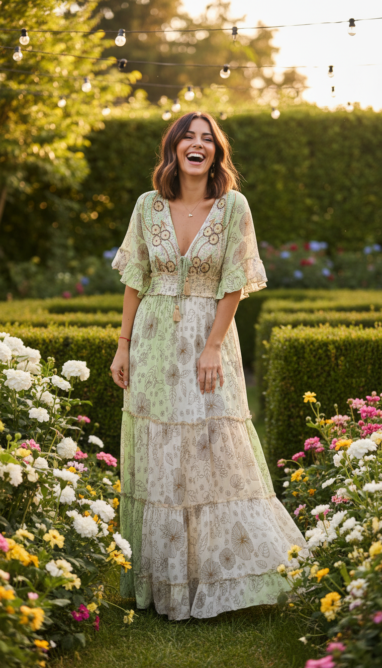 Hand-Decorated Boho Maxi Dress in Organic Cotton & Viscose