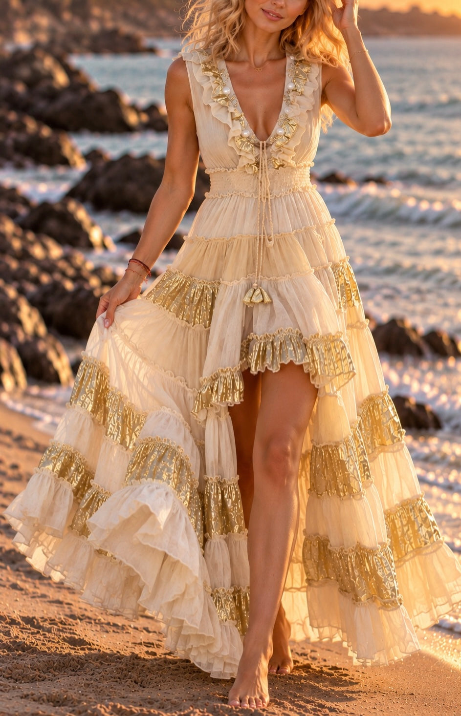 Golden Aura Boho Maxi Dress – Ivory & Gold