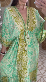 Golden Aura Green Silk Dress