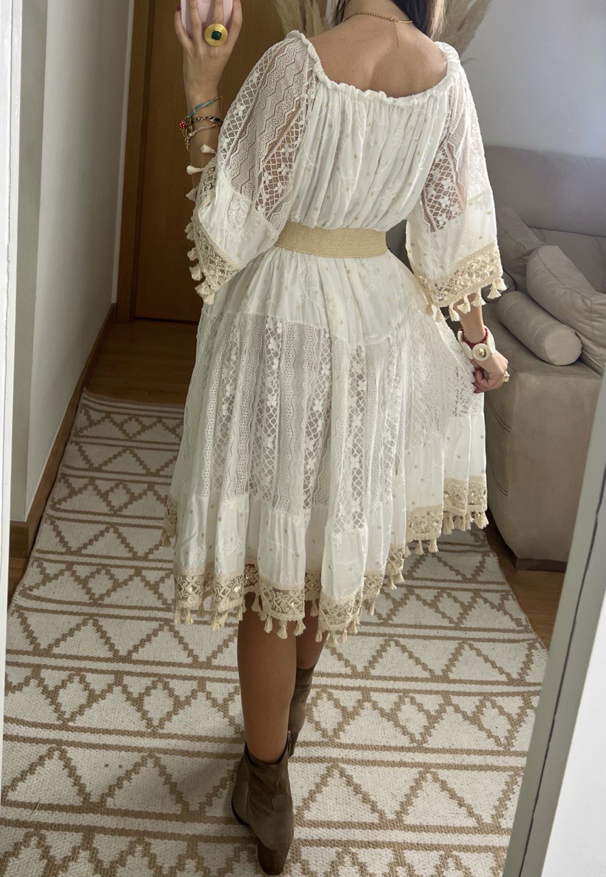 Boho Chic Midi Dress with Lace and Embroidery