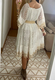 Boho Chic Midi Dress with Lace and Embroidery