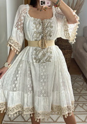Boho Chic Midi Dress with Lace and Embroidery