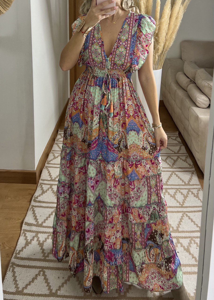 Boho Maxi Dress in 100% Natural Silk – Vibrant Elegance