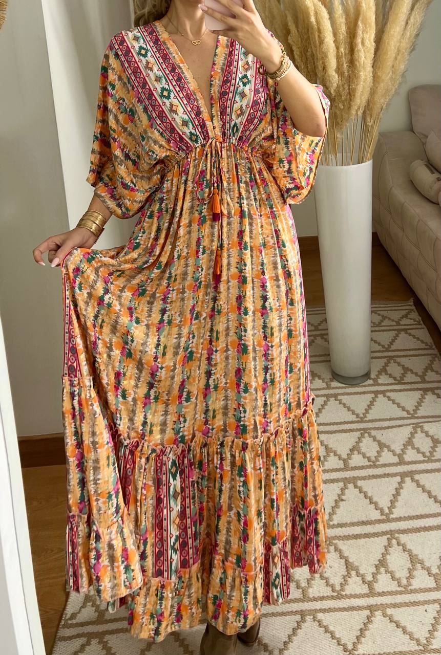 Boho Maxi Dress in 100% Natural Silk – Vibrant Elegance