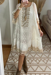 Boho Chic Midi Dress with Lace and Embroidery