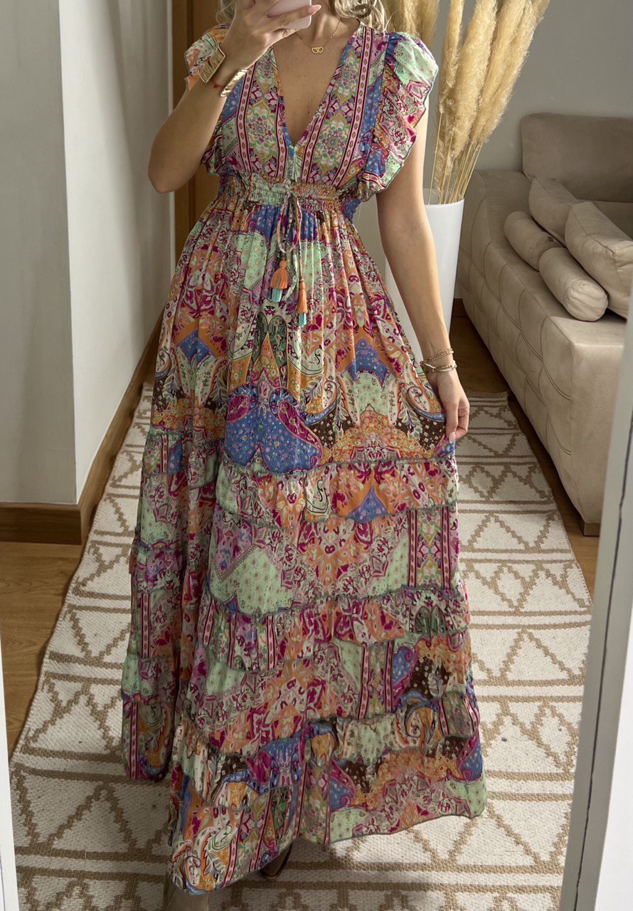 Boho Maxi Dress in 100% Natural Silk – Vibrant Elegance