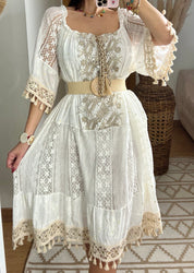 Boho Chic Midi Dress with Lace and Embroidery