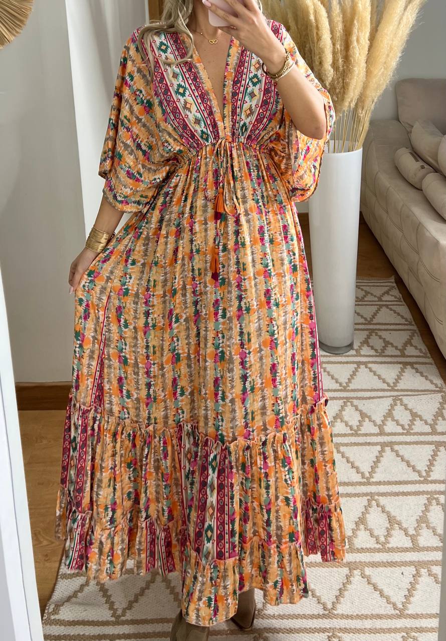 Boho Maxi Dress in 100% Natural Silk – Vibrant Elegance