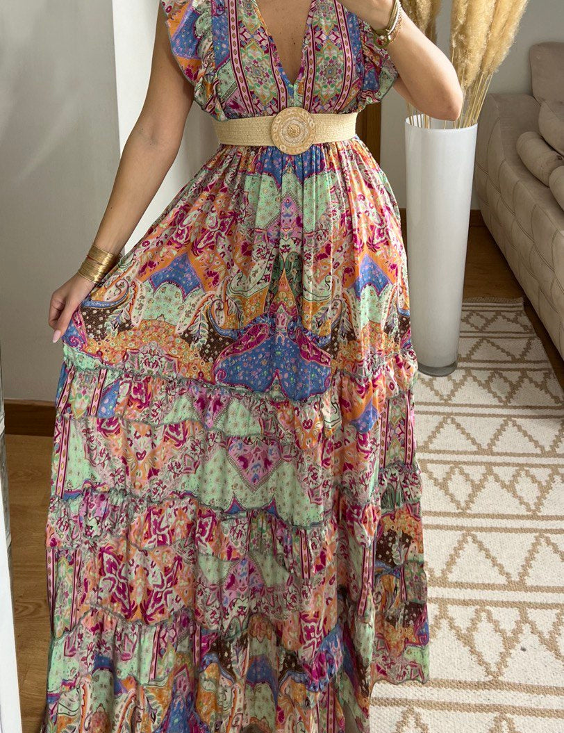 Boho Maxi Dress in 100% Natural Silk – Vibrant Elegance